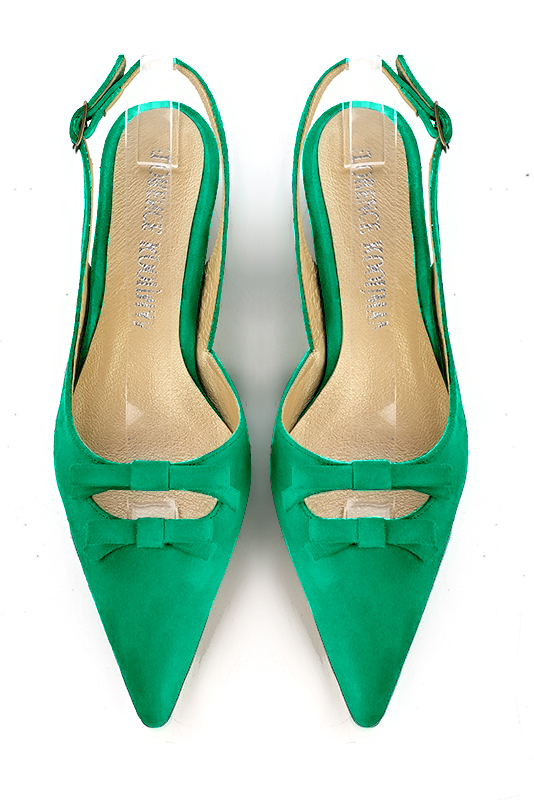 Emerald green women's open back shoes, with a knot. Pointed toe. Flat kitten heels. Top view - Florence KOOIJMAN